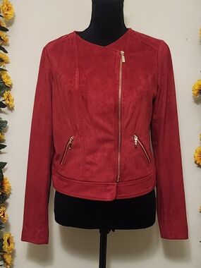 Thalia Sodi Red Suede Asymmetrical Zip Jacket